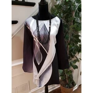 Women's Black & White 100% Polyester Round Neck Long Sleeve Top Blouse Size 2XL